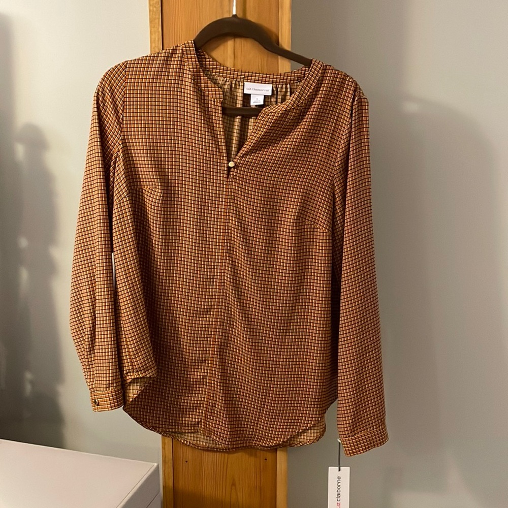 Liz Claiborne womens honey ginger grid blouse NWT